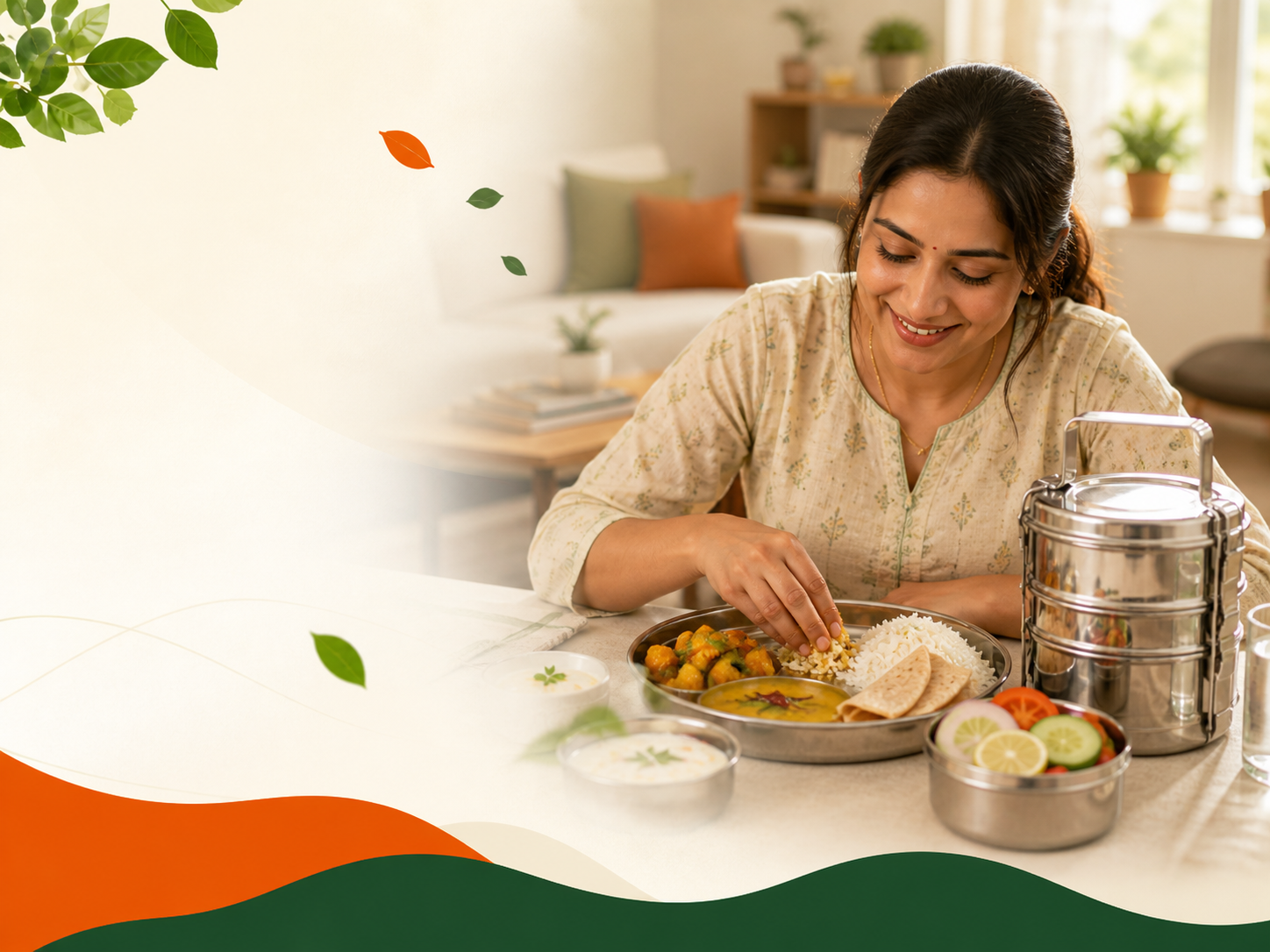 Customer enjoying a tiffin meal