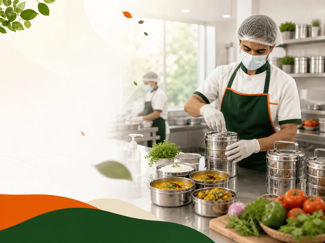 FSSAI-compliant tiffin kitchen — staff in masks, hairnets and gloves packing fresh meals